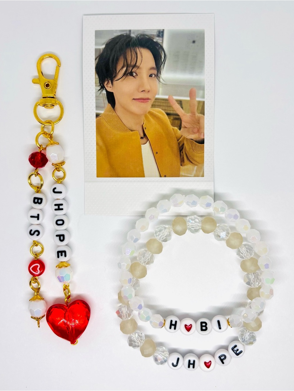 (4pcs) BTS JHOPE HOBI BRACELET KEYCHAIN OFFICIAL PHOTOCARD BUNDLE